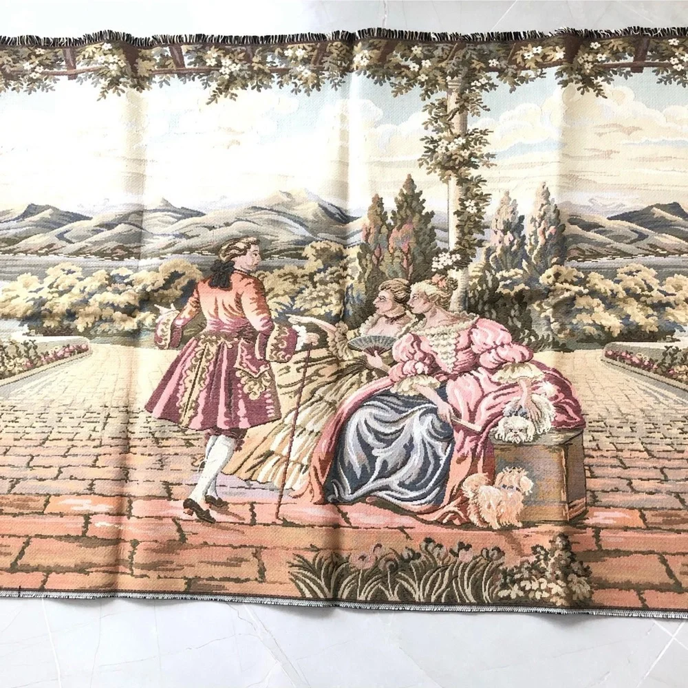 TAPESTRY Vintage European Style Floral Ladies Romantic Scene EX Long NWOT